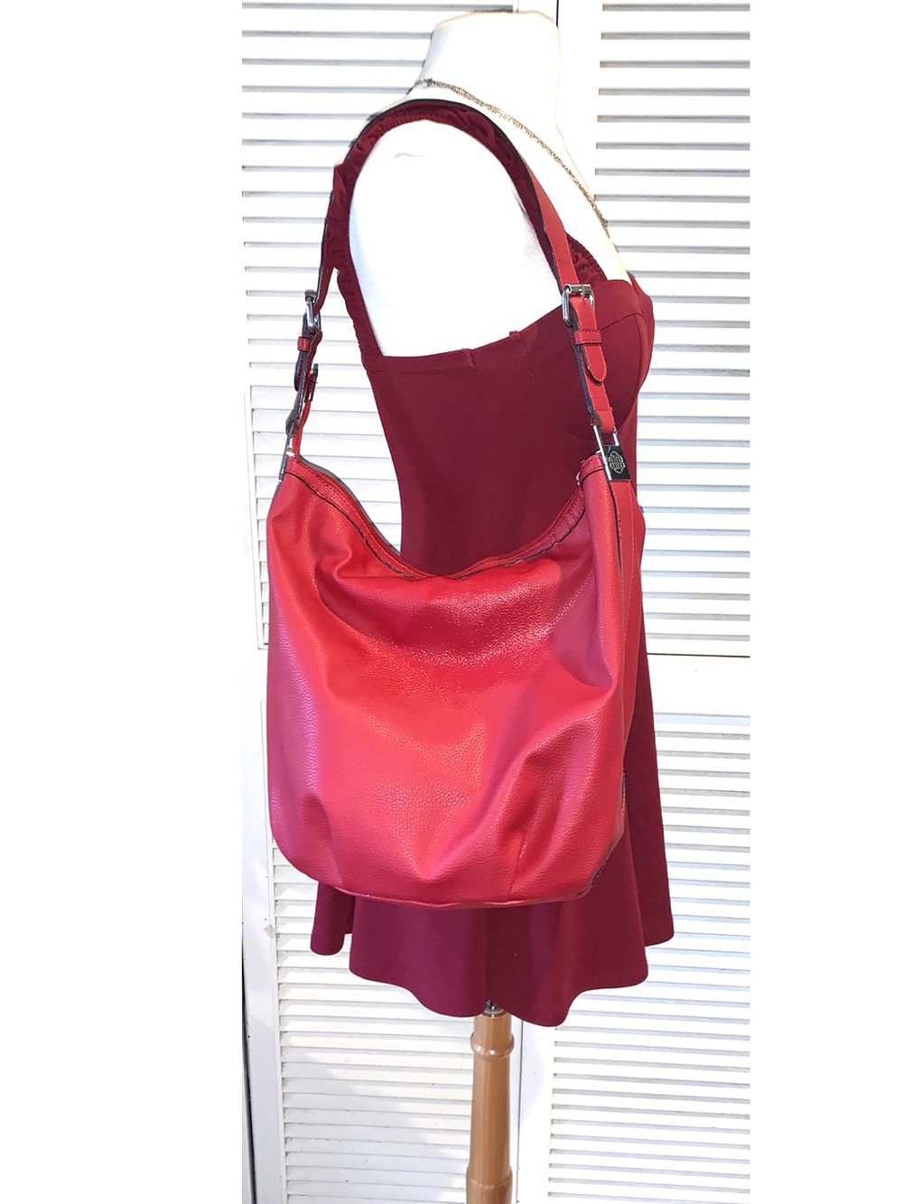Dana Buchman Cherry red Large Vegan Leather hobo purse with zebra interior